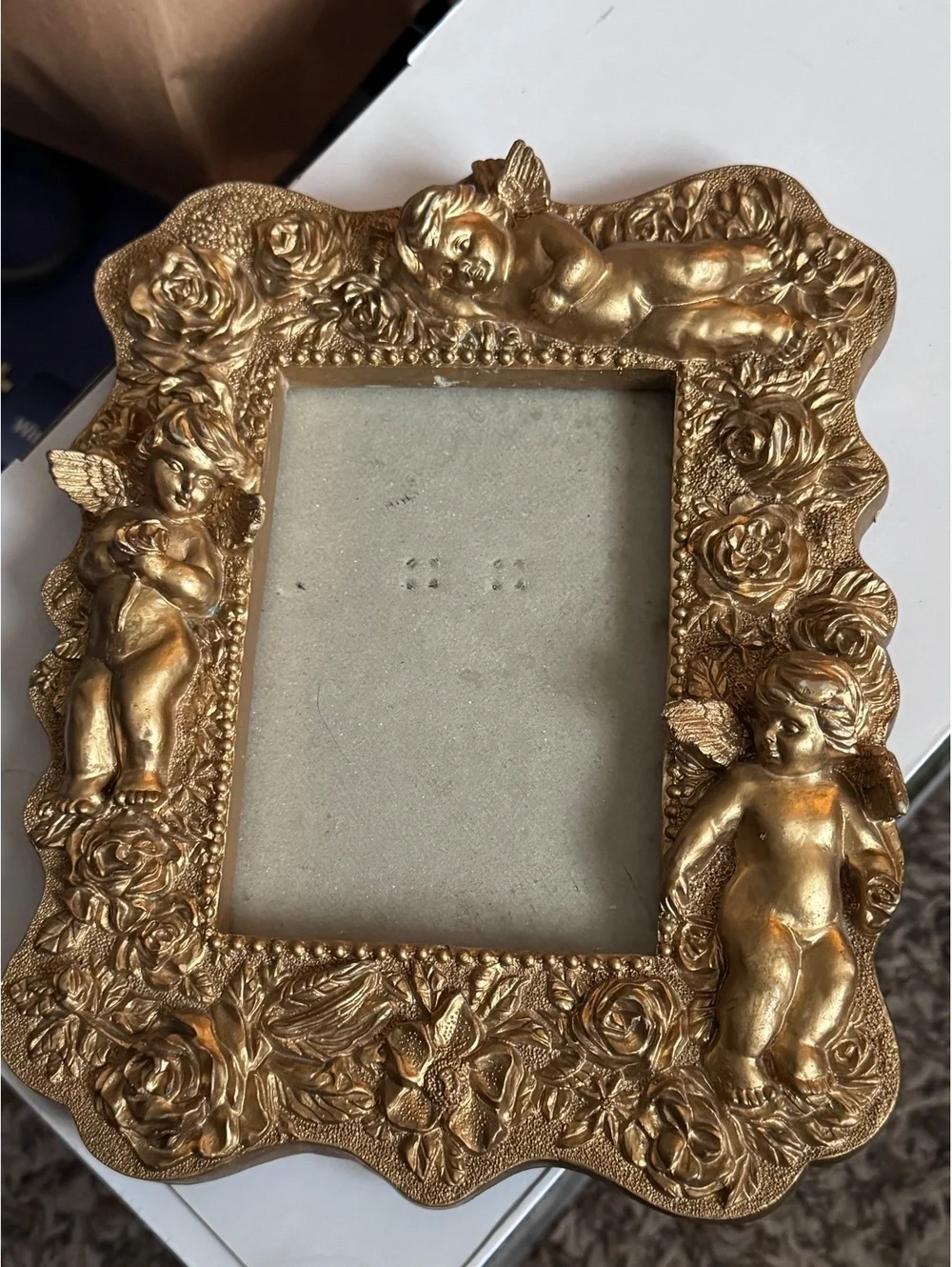 Vintage Cherub Angel Roses Gold Tone Picture Frame 4x6 Baroque Rococo Style